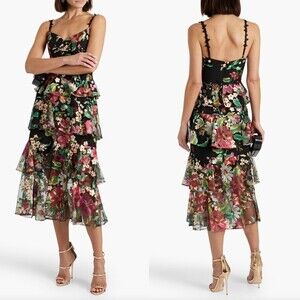 NWT $795 Marchesa Notte Tiered Floral Embroidered Dress Sz 4
